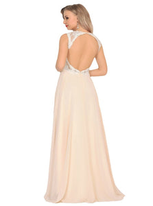 A Line Chiffon Scoop Open Back Sweep Train Prom Dresses With Appliques