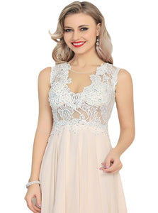 A Line Chiffon Open Back Prom Dresses With Appliques and Rhinestones