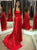 A Line Spaghetti Straps Red Satin Prom Dresses with Split 