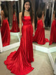 A Line Spaghetti Straps Red Satin Prom Dresses with Split 