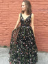 A Line V Neck Sweep Train Black Tulle Prom Dress with Appliques LBQ0249