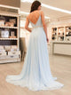 A Line V Neck Light Blue Chiffon V Back Prom Dress with Beadings