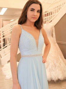 A Line V Neck Light Blue Chiffon Prom Dresses with Beadings