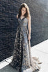 Beautiful A line  Gray Sequins V Neck Tulle Long Prom Evening Dress GJS208