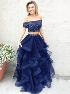 A Line Two Pieces Off the Shoulder Tulle Prom Dresses With Beadings