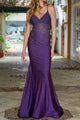 Purple Satin V neck Mermaid Prom Dress With Sequins GJS456