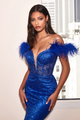 BLUE OFF SHOULDER GLITTER FEATHER GOWN GJS653