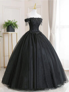 Black Tulle Lace Off-the-shoulder Bridesmaid Long Prom Dress GJS717