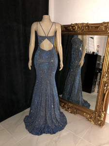 Glitter Mermaid Spaghetti Straps V Neck Open Back Formal Evening Party Gowns GJS610