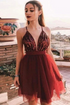 Spaghetti Straps V Neck Burgundy Tulle Sequins Prom Dresses LBQ2389