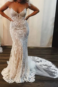 Mermaid Lace Appliques Spaghetti Straps V Neck Ivory Wedding Dresses LBQW0101