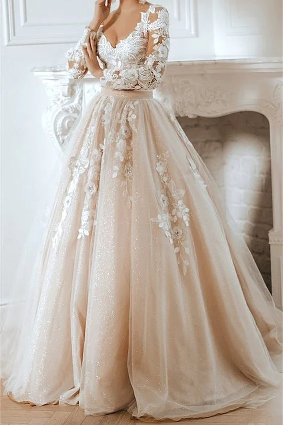 long sleeve lace ball gown wedding dress Romantic creating a stunning floral pattern that cascades into a luxurious train Basque waist ball gown wedding