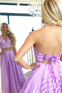 Deep V Neck Lace Up Purple Striped Tulle Prom Dress  LBQ0370