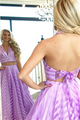 Deep V Neck Lace Up Purple Striped Tulle Prom Dress  LBQ0370