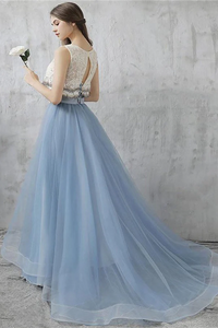 A Line Lace Sky Blue Open Back Appliques Prom Dresses LBQ0217
