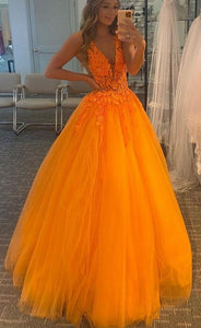 Orange V-neck Tulle Long Prom Formal Dresses with Appliques and Beading GJS388