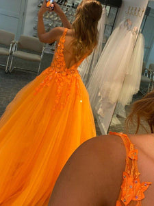 Orange V-neck Tulle Long Prom Formal Dresses with Appliques and Beading GJS388