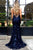 Sexy Mermaid Spaghetti Straps Lace Backless Navy Blue Long Evening Dresses GJS626