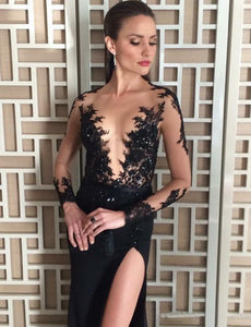 Sexy Deep V-Neck Long Sleeve Black Beading Split Evening Prom Dress GJS617