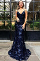 Sexy Mermaid Spaghetti Straps Lace Backless Navy Blue Long Evening Dresses GJS626