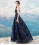 Fancy Blue A Line Sleeveless Open Back Long Prom Evening Dress ZXS481