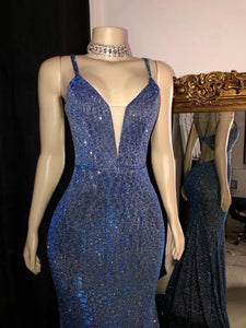 Glitter Mermaid Spaghetti Straps V Neck Open Back Formal Evening Party Gowns GJS610