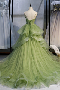 Green Tulle Spaghetti Strap Chapel Trailing Ball Gown GJS661