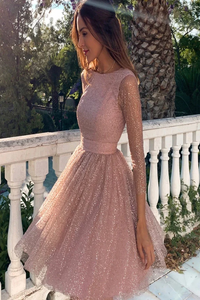A Line Long Sleeves Open Back Tulle Prom Dress LBQ0705
