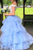 Off the Shoulder Blue Organza Ivory Lace Prom Dresses LBQ0779