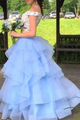 Off the Shoulder Blue Organza Ivory Lace Prom Dresses LBQ0779