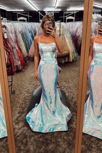 Sparkle Mermaid Blue Prom Dresses, Spaghetti Straps Long Evening Dress GJS228