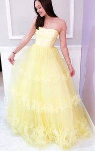 Yellow Tulle A line Spaghetti Strap Long Prom Formal Dresses GJS3671