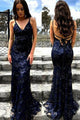 Sexy Mermaid Spaghetti Straps Lace Backless Navy Blue Long Evening Dresses GJS626