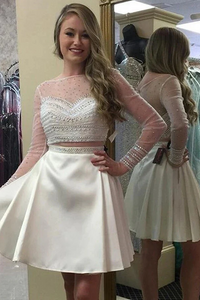 White Bateau Long Sleeves Short Satin Prom Dress with Beadings LBQ0107