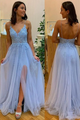 A Line V Neck Light Blue Lace Prom Dresses with Split Front  GJS025