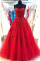 A Line Red Tulle Lace Appliques Modest Evening Dress Long Prom Dress  ADJ001