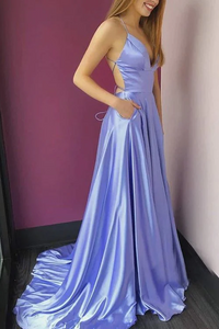 Backless Satin Long Prom Dresses with Open back  Formal Evening Dress GJS002