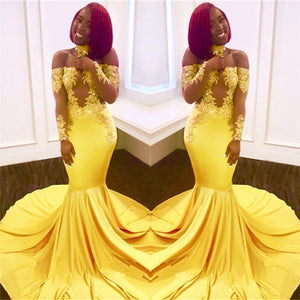 Mermaid Yellow Long Sleeves Appliques Lace Prom Dress LBQZ3188