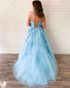 Scoop A Line Tulle Long Prom Dresses With Appliques LBQ0820
