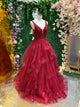Burgundy V Neck Tulle Lace Long Prom Evening Dress GJS679
