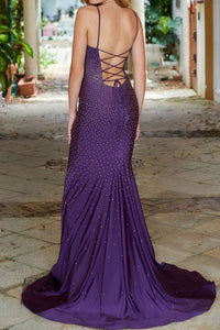 Purple Satin V neck Mermaid Prom Dress With Sequins GJS456