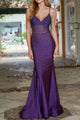 Purple Satin V neck Mermaid Prom Dress With Sequins GJS456