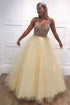 Yellow A Line Tulle V Neck Beads Long Prom Dress Formal Evening Dress GJS202