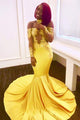 Mermaid Yellow Long Sleeves Appliques Lace Prom Dress LBQZ3188