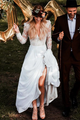 A Line V Neck Lace Long Sleeves Chiffon Wedding Dresses LBQW0162
