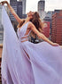 A Line Purple V Neck Ruffles Floor Length Prom Dress LBQ0425