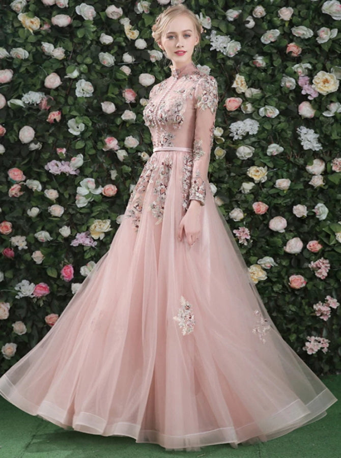 Chiffon Long Sleeves Appliques Open Back Prom Dresses | Alinepromdress Chiffon Long Sleeves Appliques Open Back Prom Dresses | Alinepromdress
