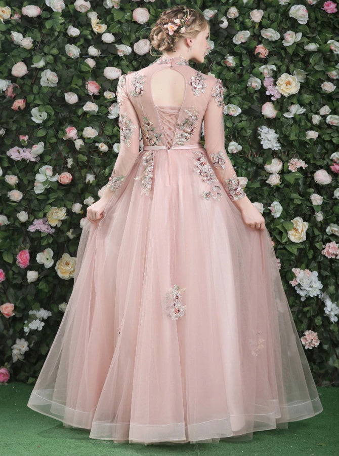 Chiffon Long Sleeves Appliques Open Back Prom Dresses | Alinepromdress Chiffon Long Sleeves Appliques Open Back Prom Dresses | Alinepromdress