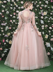 A Line Pink Chiffon Lace Up Appliques Open Back Prom Dresses