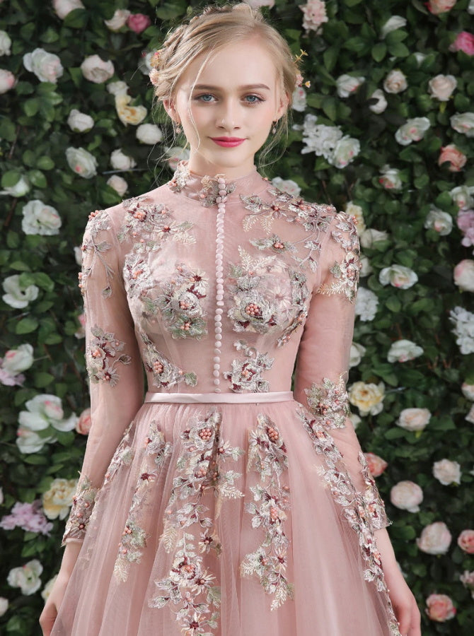 Chiffon Long Sleeves Appliques Open Back Prom Dresses | Alinepromdress Chiffon Long Sleeves Appliques Open Back Prom Dresses | Alinepromdress
